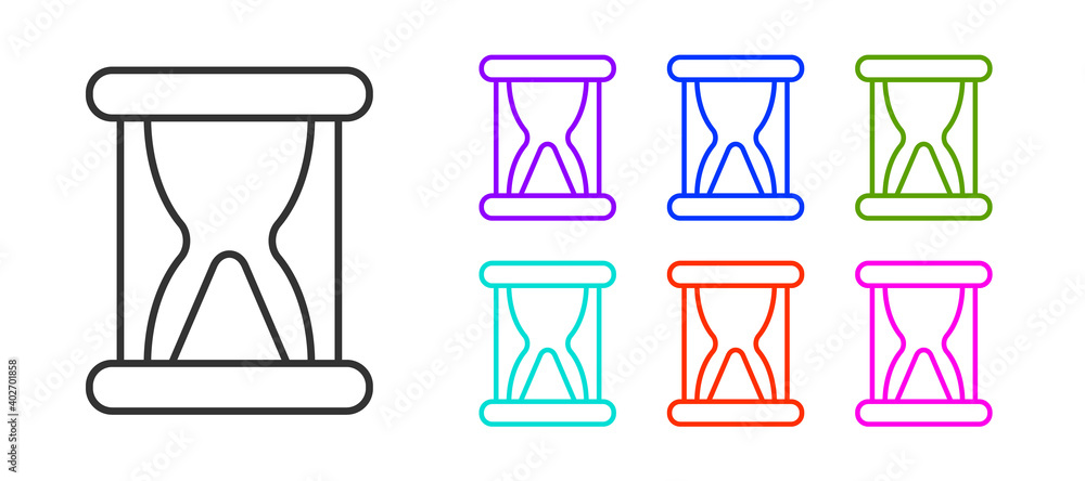 Black line Old hourglass with flowing sand icon isolated on white background. Sand clock sign. Business and time management concept. Set icons colorful. Vector. Black line Old hourglass with flowing sand icon isolated on white background. Sand clock sign. Business and time management concept. Set icons colorful. Vector.