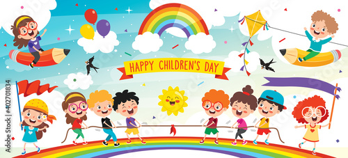 Multi Ethnic Kids Playing On Rainbow