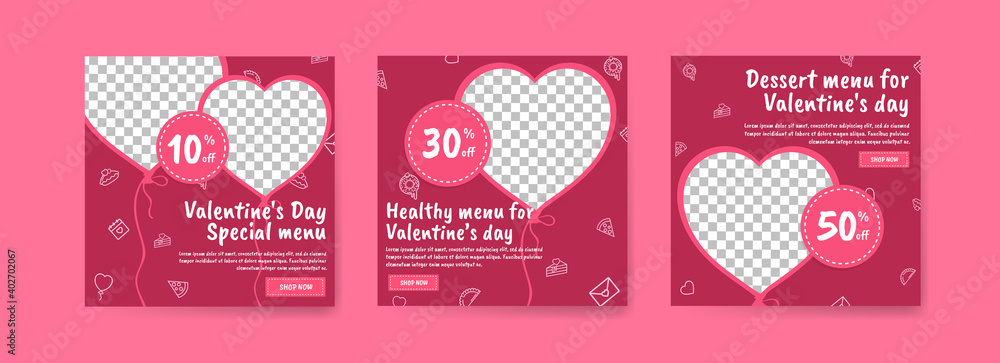 Social media post template for digital marketing and sales promotion on Valentine's Day. Advertising for Valentine's Day special food menus. Nice healthy food for valentine's day Social media post template for digital marketing and sales promotion on Valentine's Day. Advertising for Valentine's Day special food menus. Nice healthy food for valentine's day