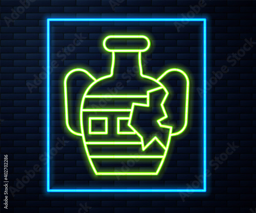 Glowing neon line Broken ancient amphorae icon isolated on brick wall background. Vector.
