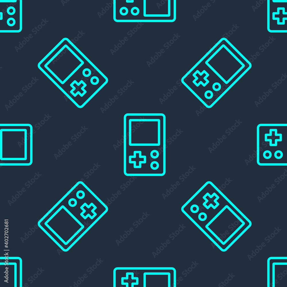 Green line Portable tetris electronic game icon isolated seamless pattern on blue background. Vintage style pocket brick game. Interactive playing device. Vector. Green line Portable tetris electronic game icon isolated seamless pattern on blue background. Vintage style pocket brick game. Interactive playing device. Vector.
