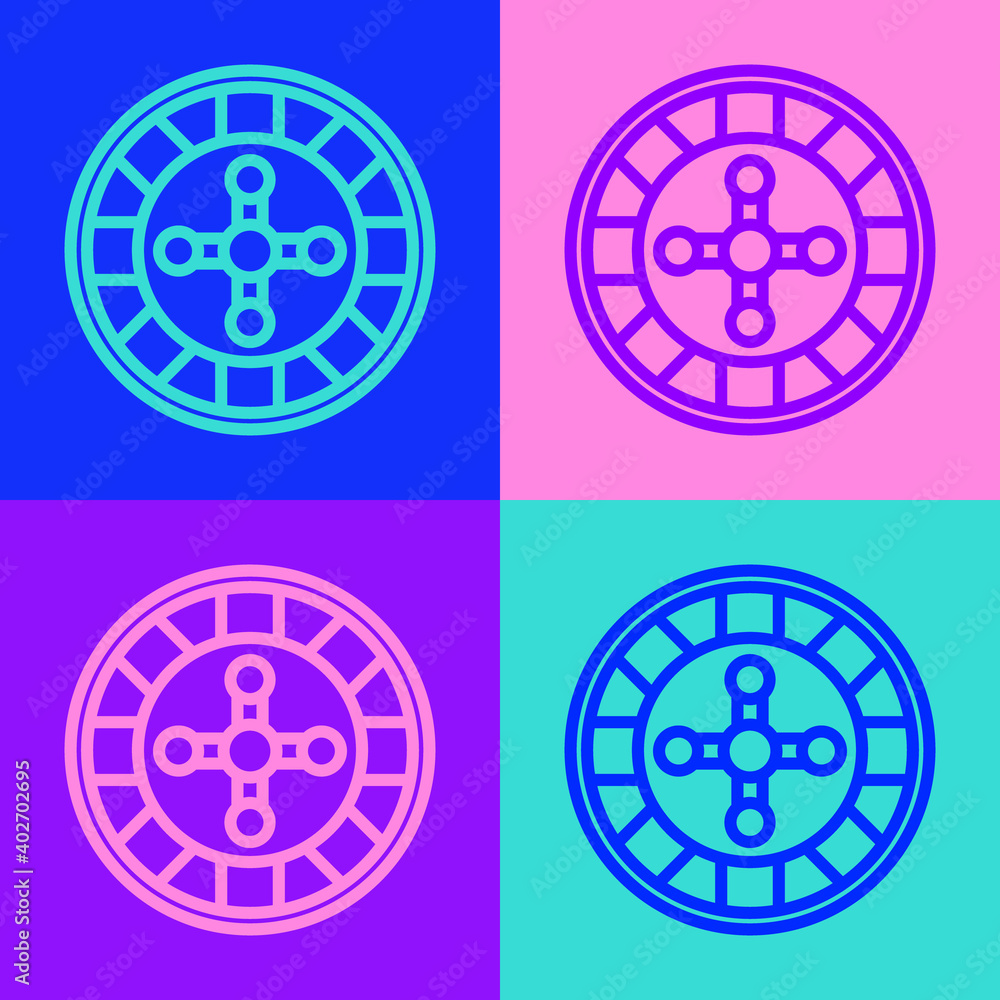 Pop art line Casino roulette wheel icon isolated on color background. Vector. Pop art line Casino roulette wheel icon isolated on color background. Vector.
