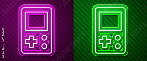 Glowing neon line Portable tetris electronic game icon isolated on purple and green background. Vintage style pocket brick game. Interactive playing device. Vector.
