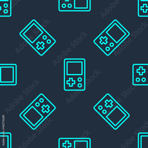 Green line Portable tetris electronic game icon isolated seamless pattern on blue background. Vintage style pocket brick game. Interactive playing device. Vector. © Kostiantyn