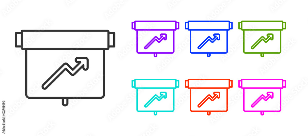 Black line Board with graph chart icon isolated on white background. Report text file icon. Accounting sign. Audit, analysis, planning. Set icons colorful. Vector. Black line Board with graph chart icon isolated on white background. Report text file icon. Accounting sign. Audit, analysis, planning. Set icons colorful. Vector.