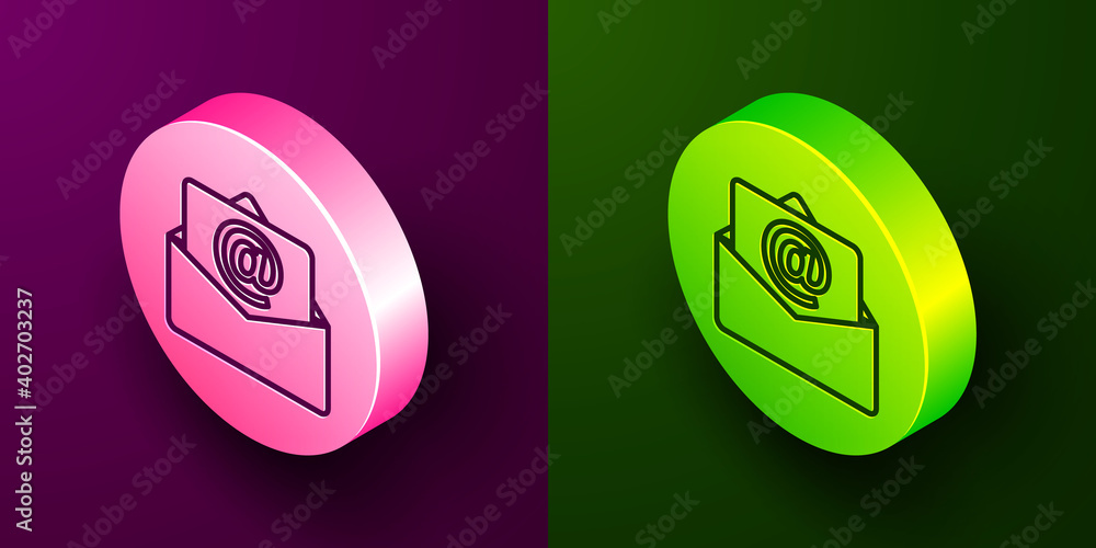 Isometric line Mail and e-mail icon isolated on purple and green background. Envelope symbol e-mail. Email message sign. Circle button. Vector. Isometric line Mail and e-mail icon isolated on purple and green background. Envelope symbol e-mail. Email message sign. Circle button. Vector.