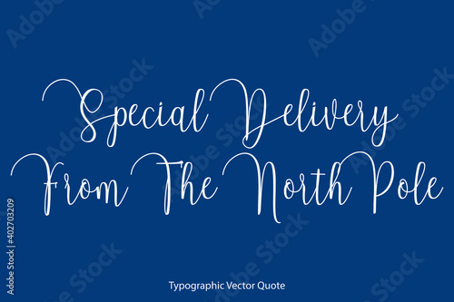 Special Delivery From The North Pole Cursive Calligraphy Text on Blue Background