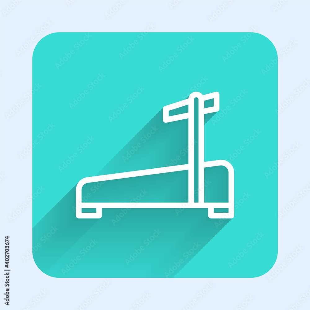 White line Treadmill machine icon isolated with long shadow. Green square button. Vector. White line Treadmill machine icon isolated with long shadow. Green square button. Vector.