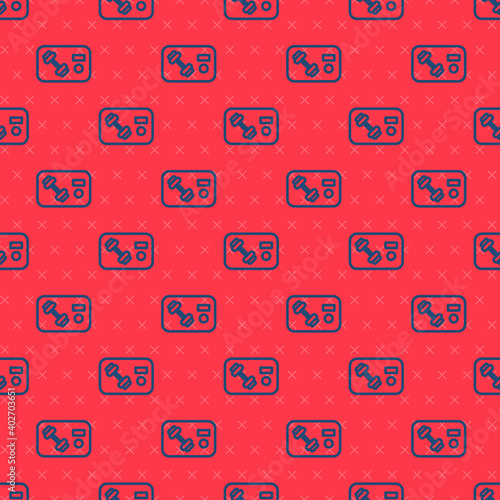 Blue line Fitness club, gym card icon isolated seamless pattern on red background. Vector.