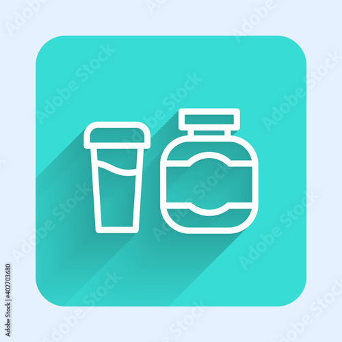 White line Sports nutrition bodybuilding proteine power drink and food icon isolated with long shadow. Green square button. Vector.