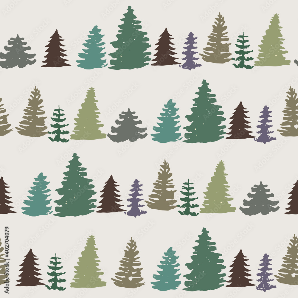 Fototapeta premium Fir tree silhouette hand drawn vector seamless pattern