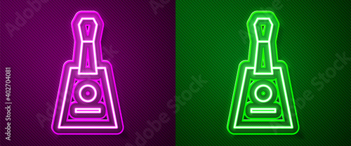 Glowing neon line Musical instrument balalaika icon isolated on purple and green background. Vector.