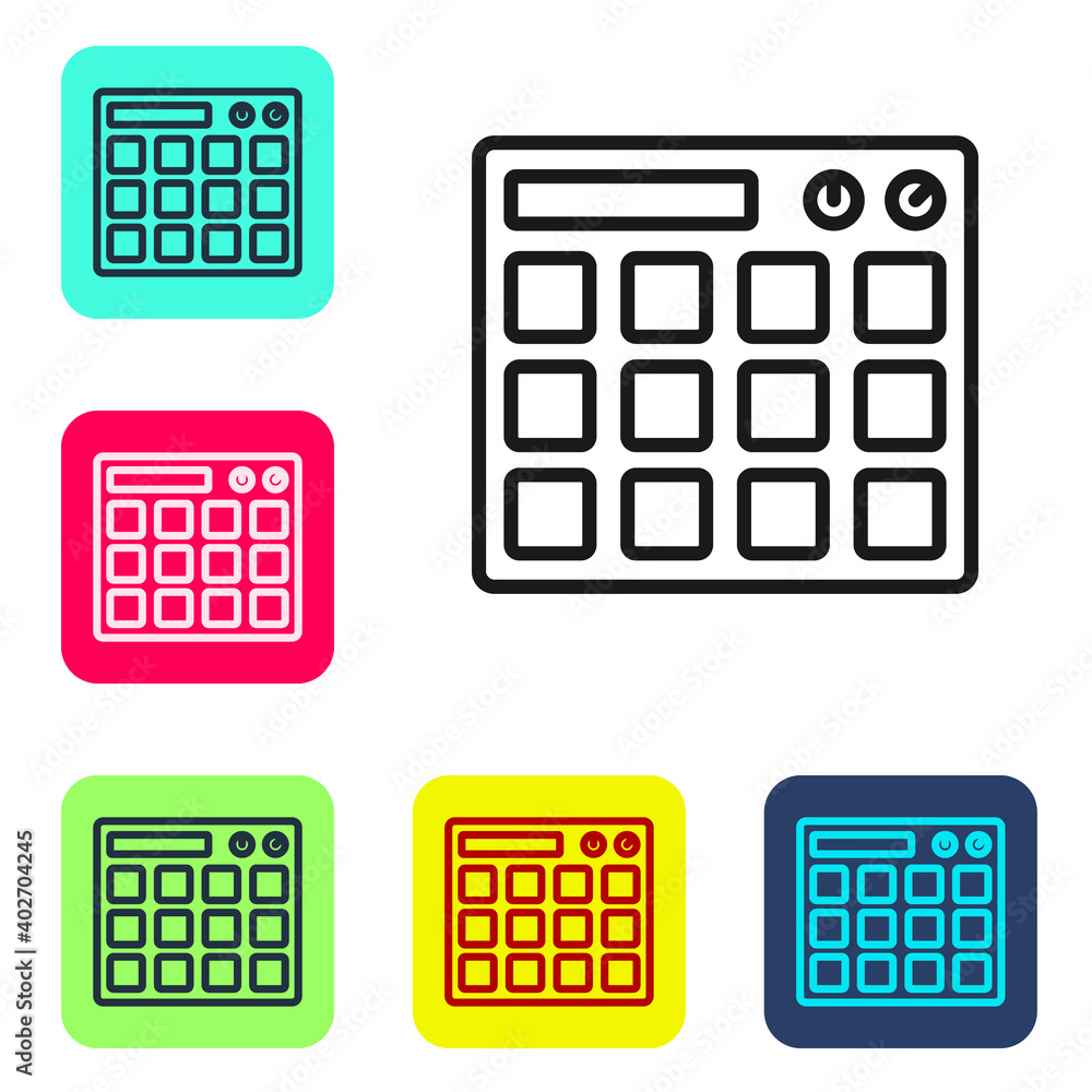 Black line Drum machine music producer equipment icon isolated on white background. Set icons in color square buttons. Vector. Black line Drum machine music producer equipment icon isolated on white background. Set icons in color square buttons. Vector.