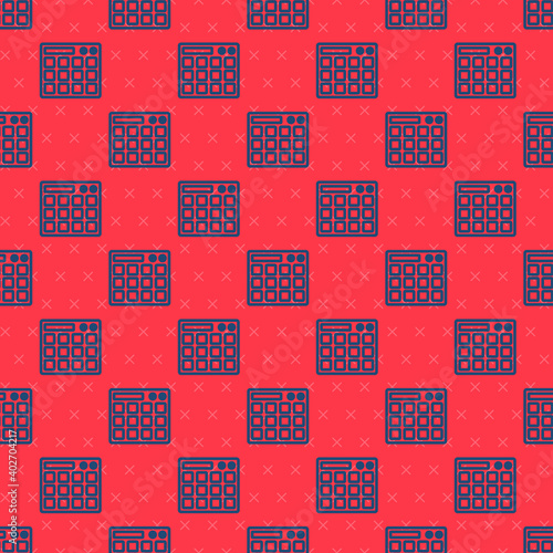 Blue line Drum machine music producer equipment icon isolated seamless pattern on red background. Vector.