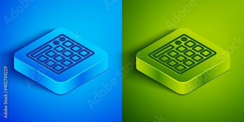 Isometric line Drum machine music producer equipment icon isolated on blue and green background. Square button. Vector.