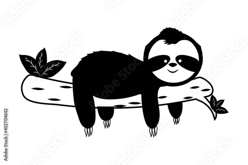 Cute sloth bear on brunch silhouette, cartoon style isolated on white background stock vector illustration. Print, decoration in monochrome colour. Adorable character.