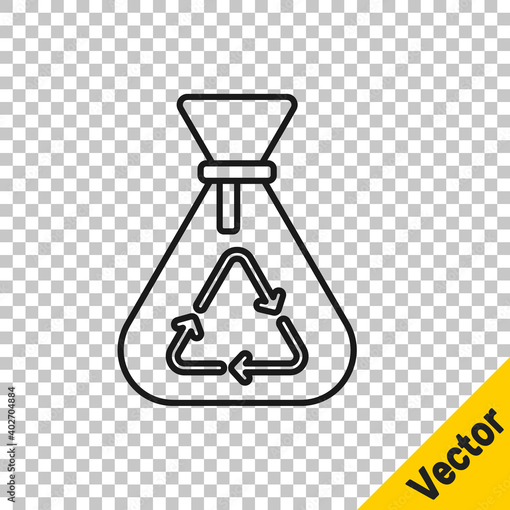 Black line Garbage bag with recycle symbol icon isolated on transparent background. Trash can icon. Recycle basket sign. Vector. Black line Garbage bag with recycle symbol icon isolated on transparent background. Trash can icon. Recycle basket sign. Vector.