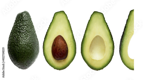 Avocado isolate on a white background. Whole, cut, slice. Element for the design.