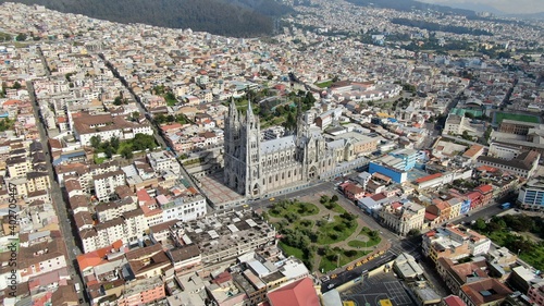 Aerial view of the Basilica of the National Vow, Panecillo and Colonial Quito