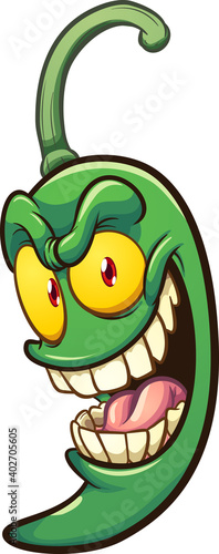 Cartoon green jalapeno pepper with crazy smile. Vector clip art illustration with simple gradients. All on a single layer.
