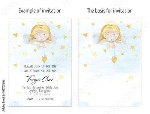 Epiphany invitation card, watercolor card. Baptism invitation cards, watercolor card. Watercolor angel, Baptism, religion. Christmas invitation card. Christmas angel. Christmas illustration