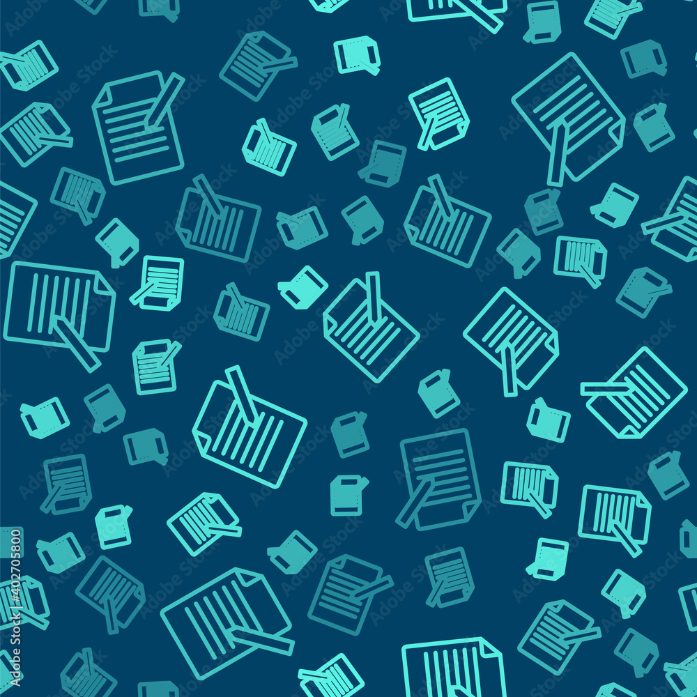 Green line Document and pen icon isolated seamless pattern on blue background. File icon. Checklist icon. Business concept. Vector. Green line Document and pen icon isolated seamless pattern on blue background. File icon. Checklist icon. Business concept. Vector.