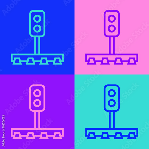 Pop art line Train traffic light icon isolated on color background. Traffic lights for the railway to regulate the movement of trains. Vector.