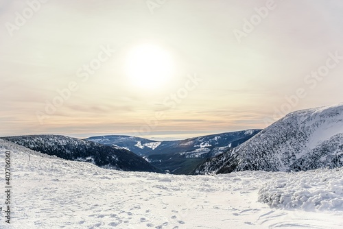 Winter mountain landscape , Majestic sunset in the winter landscape of the mountain