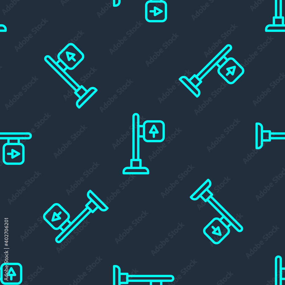 Green line Road traffic sign. Signpost icon isolated seamless pattern on blue background. Pointer symbol. Street information sign. Direction sign. Vector. Green line Road traffic sign. Signpost icon isolated seamless pattern on blue background. Pointer symbol. Street information sign. Direction sign. Vector.