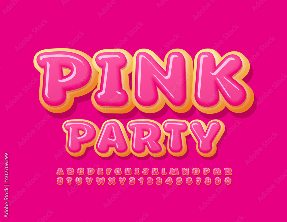 Vector sweet flyer Pink Party. Tasty glazed Font. Delicious Donut Alphabet Letters and Numbers set