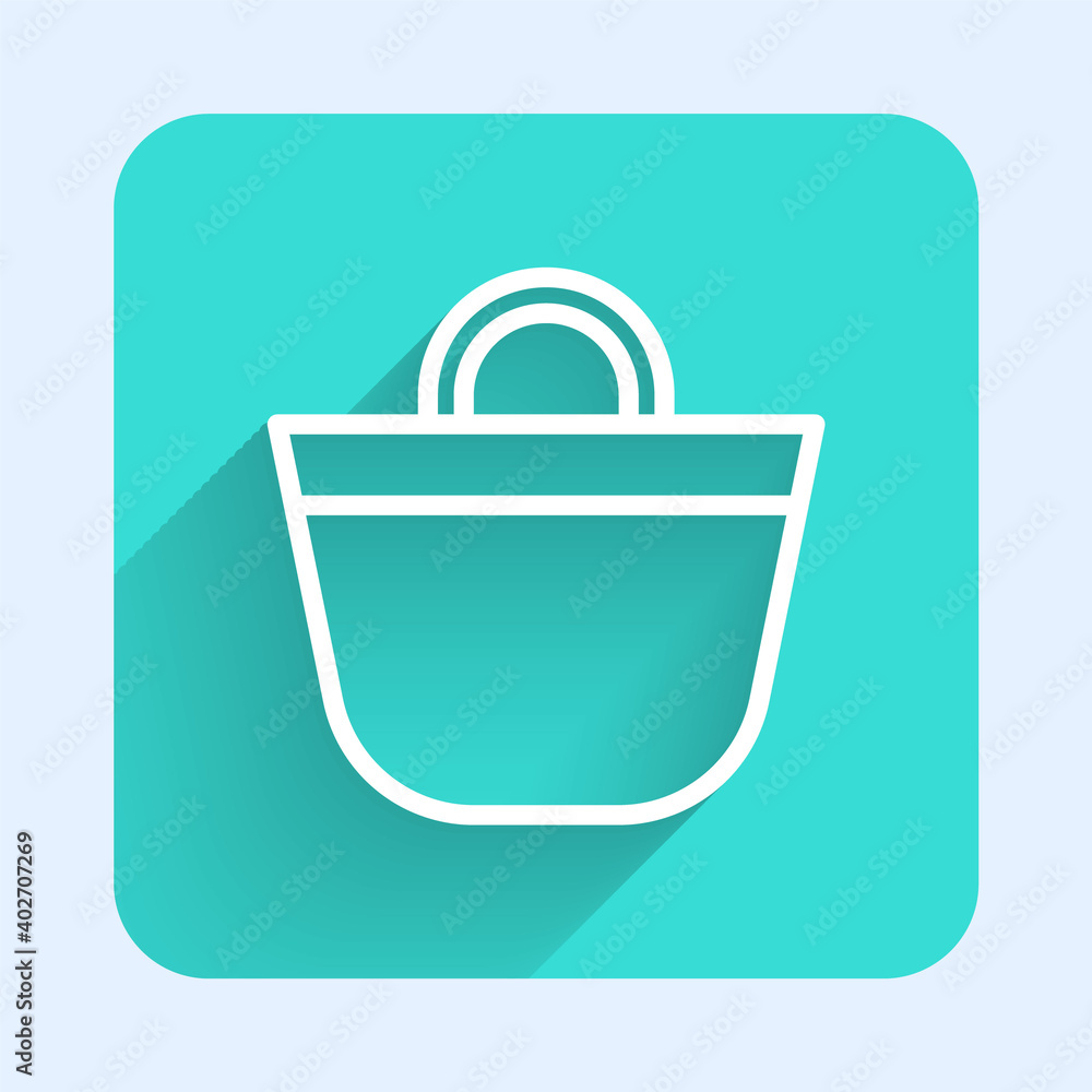 White line Beach bag icon isolated with long shadow. Green square button. Vector. White line Beach bag icon isolated with long shadow. Green square button. Vector.