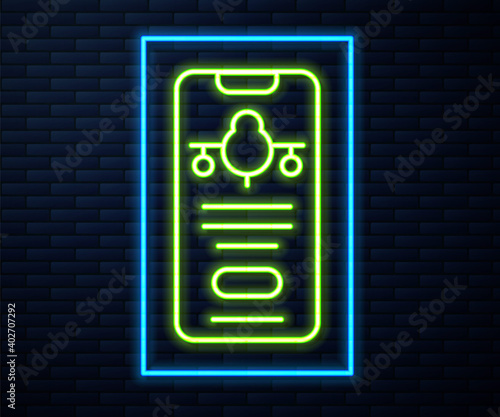 Glowing neon line Smartphone with electronic boarding pass airline ticket icon isolated on brick wall background. Passenger plane mobile ticket for web and app. Vector.