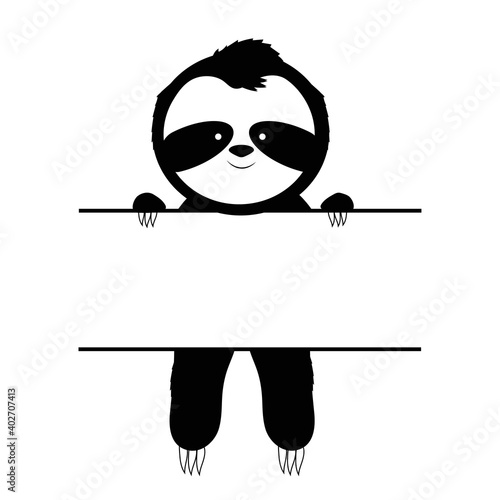 Cute sloth silhouette monogram, rectangle flame, monochrome stock vector illustration isolated on white background. Adorable childish print, character.