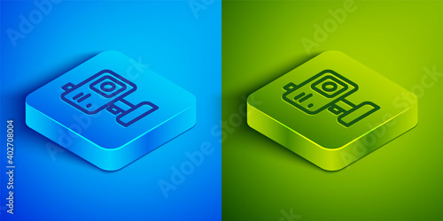 Isometric line Action extreme camera icon isolated on blue and green background. Video camera equipment for filming extreme sports. Square button. Vector.