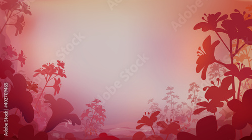 Abstract red pink colour background with flowers, horizontal panoramic view. Meadow blur. Vector illustration
