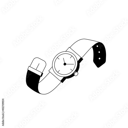 Wristwatch icon. Outline vector icon of stylish wristwatches, classic round watch with hands and mechanism. Black and white linear illustration of a wrist watches with leather strap