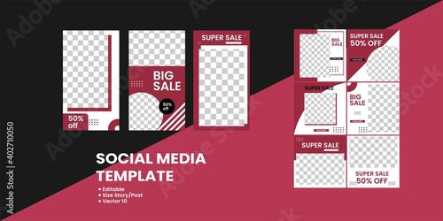 9Set of Editable minimal square banner template. background white and pink color with stripe line shape. Suitable for social media post and web internet ads. Vector graphic