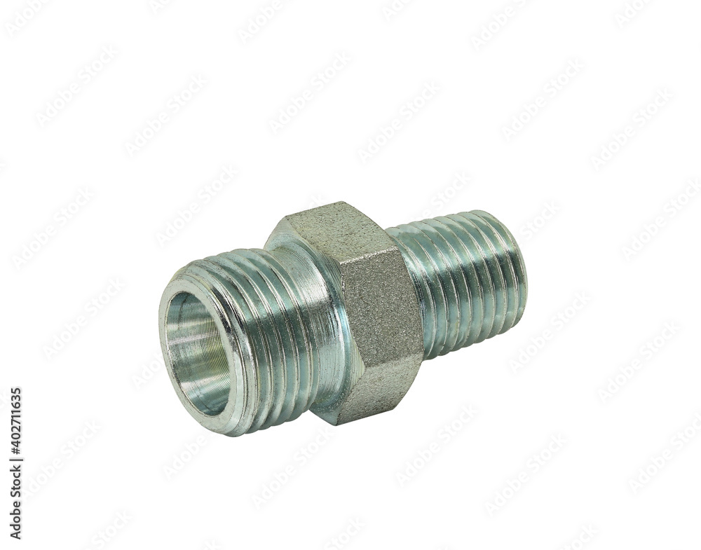 Nipple steel male stud reducer threaded isolated on white background with clipping paths. Nipple steel male stud reducer threaded isolated on white background with clipping paths.