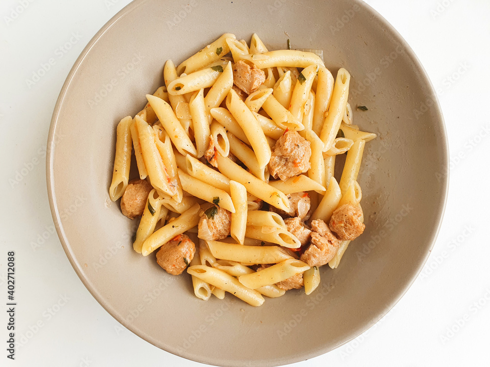 bowl of pasta. Pasta with tomatoes and soya meat bowl of pasta. Pasta with tomatoes and soya meat