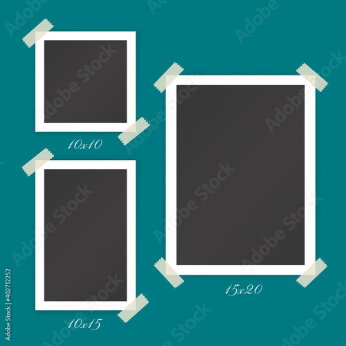 Collage of blank photographs with transparent stickers on green background. Vector mockup of album page with white photoframes in different sizes