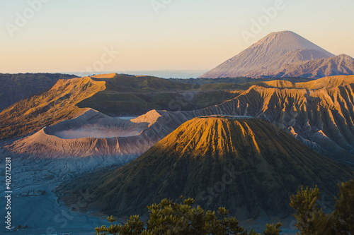 Mount Bromo volcano during sunrise the magnificent view. Mount Bromo volcano, is an active volcano and part of the Tengger Semeru National Park, East Java, Indonesia. 