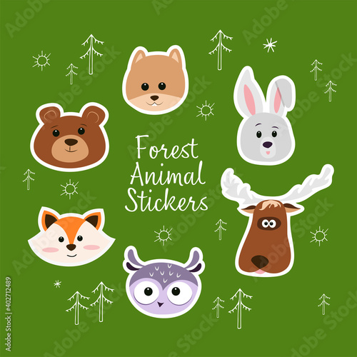 
Vector set of cute forest animal faces - fox, elk, bear, squirrel, hare and owl with additional hand drawn trees. Woodland animals, suitable for the design of stickers, posters, postcards