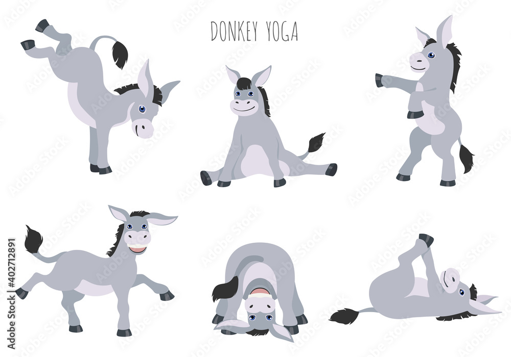 Donkey yoga poses and exercises. Cute cartoon clipart set