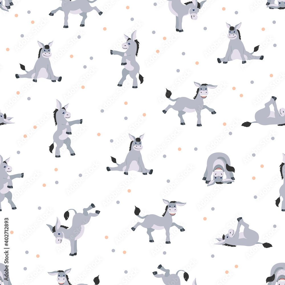 Donkey yoga poses and exercises seamless pattern. Cute cartoon clipart set Donkey yoga poses and exercises seamless pattern. Cute cartoon clipart set