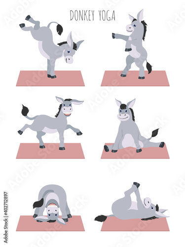 Donkey yoga poses and exercises. Cute cartoon clipart set
