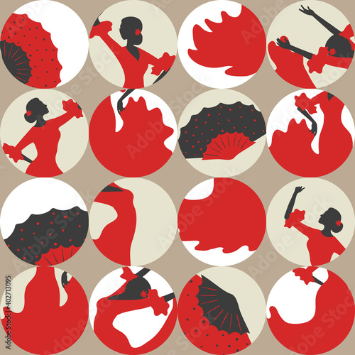 Abstract Flamenco seamless pattern with dancing woman