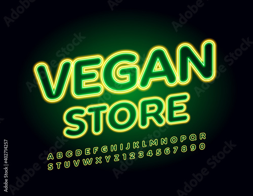 Vector glowing sign Vegan Store. Bright glowing Font. Neon light Alphabet Letters and Numbers set