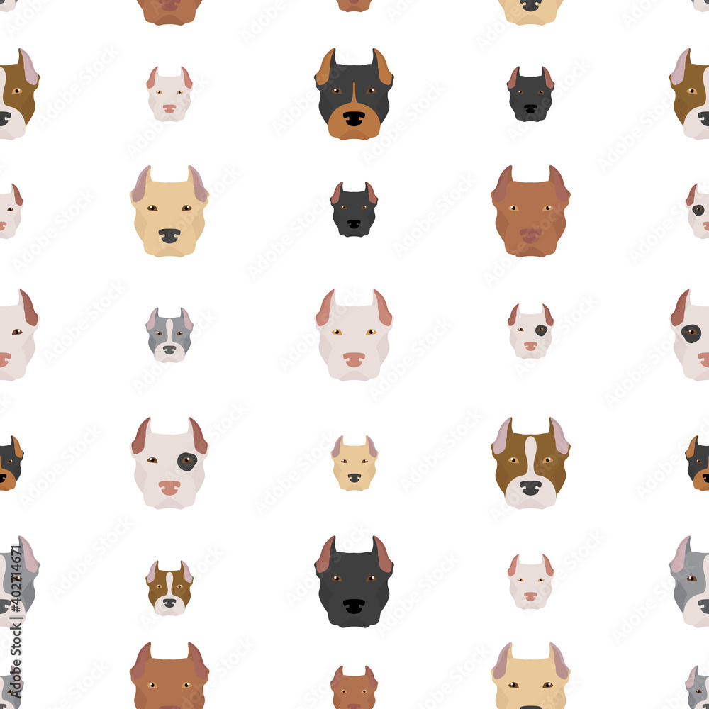 American pit bull terrier dogs set. Color varieties, different poses. Seamless pattern