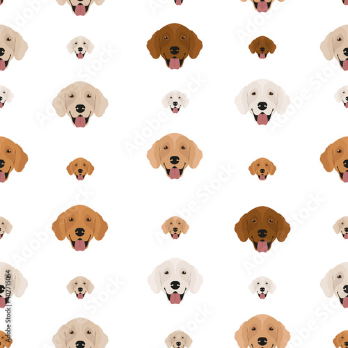 Golden retriever dogs in different poses and coat colors. Seamless pattern. Adult goldies and puppy set