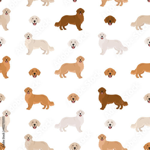 Golden retriever dogs in different poses and coat colors. Seamless pattern. Adult goldies and puppy set